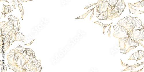 Vector golden floral line frame, luxury leaves plant border. Wedding elegant card, nature royal garden drawing. Vintage blossom decor.
