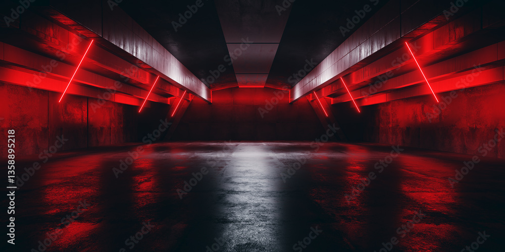 Fototapeta premium Sci Fi Futuristic Neon Triangle Laser Bolts Electric Cyber Glowing Bunker Red Lights Stage Garage Hangar Hallway Corridor Tunnel Cement Concrete Grunge Basement Club 3D Rendering