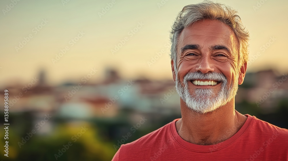 A man with a big smile on his face is wearing a red shirt. He is standing in front of a city skyline A man with a big smile on his face is wearing a red shirt. He is standing in front of a city skyline