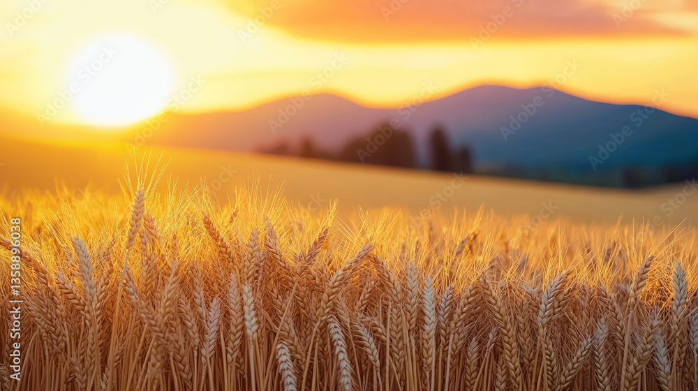 Obraz premium stunning golden wheat field stretches under vibrant sunset, with sun casting warm glow over landscape. distant mountains add depth to this serene scene, evoking sense of tranquility and abundance