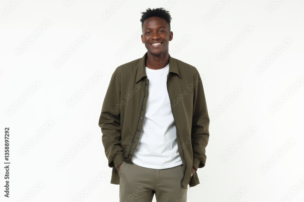 Half-Length (Waist-Up) portrait of young stylish smiling Mauritian male model in preppy wear isolated on pure white background looking at camera Half-Length (Waist-Up) portrait of young stylish smiling Mauritian male model in preppy wear isolated on pure white background looking at camera