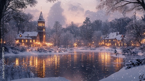 Wallpaper Mural A snowy urban neighborhood at dusk, with a historic school building standing tall, its lights reflecting on the snow, adding warmth to the chilly winter evening.   Torontodigital.ca