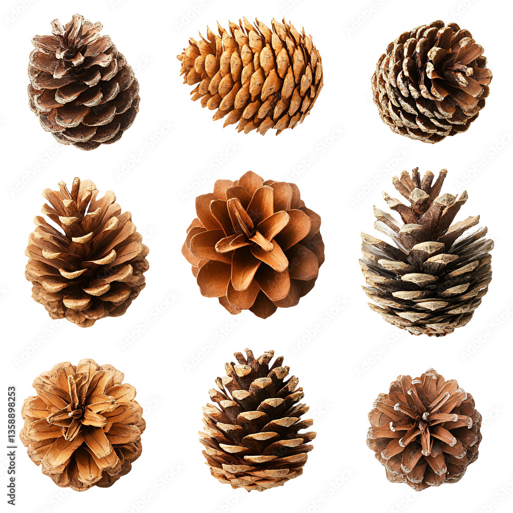 Nine Brown Pine Cones on Black Background Botanical Collection, Nine Brown Pine Cones on Black Background Botanical Collection,