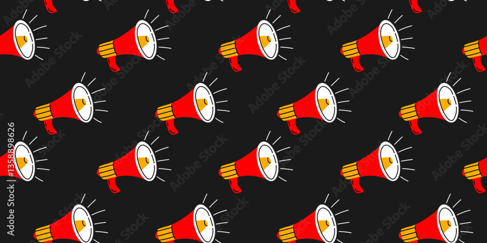 Unique pattern featuring red and yellow megaphones on a black background, ideal for creative projects and designs Unique pattern featuring red and yellow megaphones on a black background, ideal for creative projects and designs