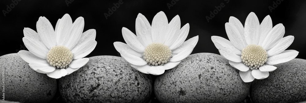 Obraz premium White lotus flowers with pebbles on monochrome textured background symbolizing inner peace mindfulness purity and minimalist serenity through tranquil symmetrical design