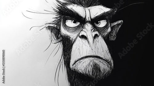 Angry cartoon monkey with expressive face on black and white background