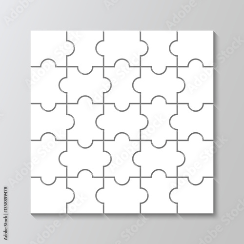Puzzle silhouette details grid. Mosaic grid with 25 pieces. Cutting template. Scheme of jigsaw thinking game. Modern background with separate shapes. Simple frame tiles. Vector illustration