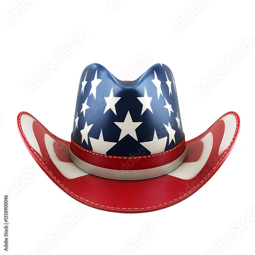 A patriotic American cowboy hat, proudly displaying stars and stripes, ready for a Fourth of July celebration, with a crisp, clean white background.