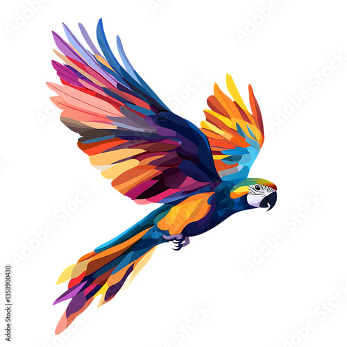 A vibrant macaw in dazzling flight, a burst of rainbow feathers against a clean white background.