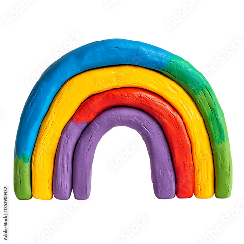 A vibrant rainbow crafted from playful modeling clay, symbolizing hope and joy, a cheerful spectrum of colors against a clean white background.