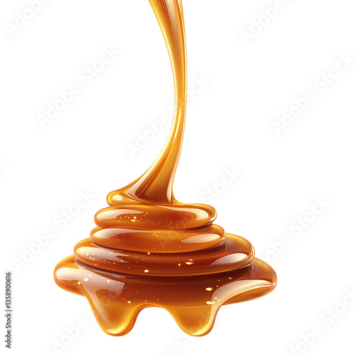 Golden honey pouring in a luscious swirl, creating a delectable, glistening cascade against a bright white background.