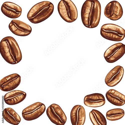 Roasted coffee beans playfully dance around a blank space, promising a rich aroma and a delightful brew, with a detailed hand-drawn style.