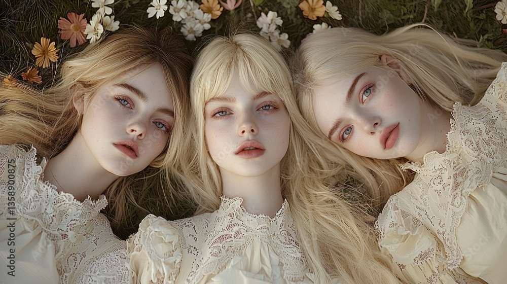 Obraz premium Three women with long hair lie on a bed of flowers, wearing delicate lace outfits, creating an ethereal and serene atmosphere.