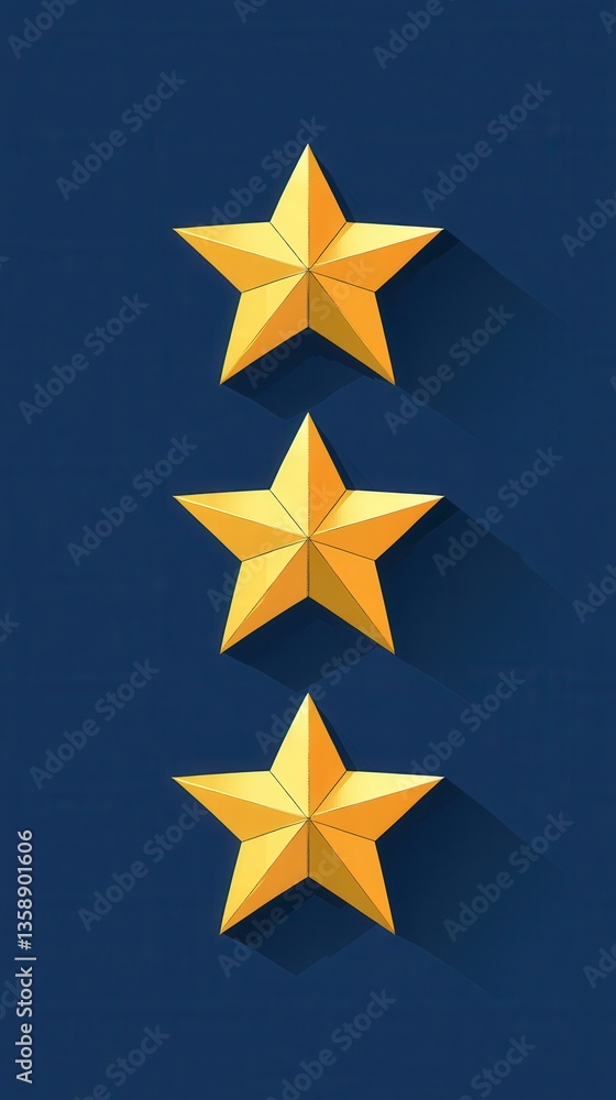 Obraz premium A vibrant blue background showcases three shimmering gold stars, each with a unique design. The stars glisten, creating a striking contrast that captures attention and evokes a sense of celebration.