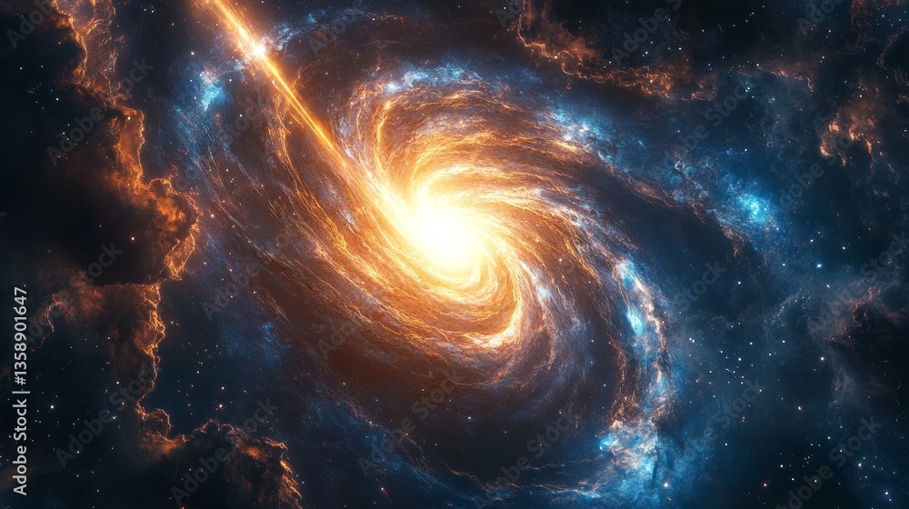 A massive spiral galaxy glowing with electric blue and fiery orange colors swirling in the depths of space at its core A massive spiral galaxy glowing with electric blue and fiery orange colors swirling in the depths of space at its core