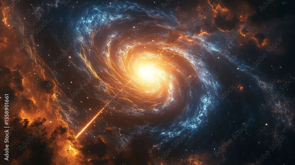 A massive spiral galaxy glowing with electric blue and fiery orange colors swirling in the depths of space at its core A massive spiral galaxy glowing with electric blue and fiery orange colors swirling in the depths of space at its core