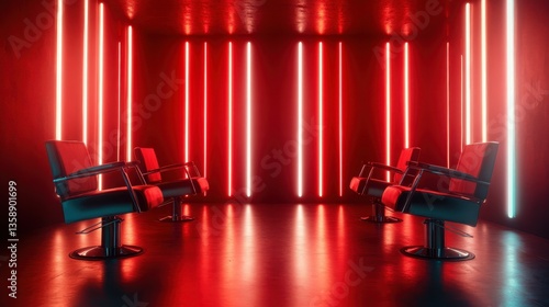 A chic barber shop features empty barber chairs under the glow of neon lights, creating a striking visual space that reflects modern grooming trends and a stylish ambiance.