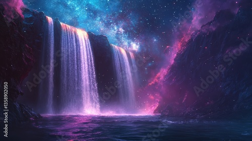 Wallpaper Mural A Vibrant Rainbow Bridge Connects Two Vast Ocean Waters Underneath the Milky Way Galaxy in Space with Waterfalls Torontodigital.ca