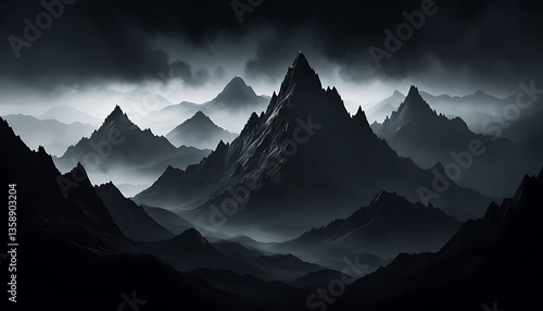 Misty Mountain Range Landscape with Dramatic Sky and Fog Rolling