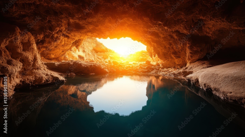 Fototapeta premium A breathtaking cave scene captures the rising sun's glow, illuminating the rocky walls and reflecting beautifully in the serene waters, representing nature's raw beauty and tranquility.