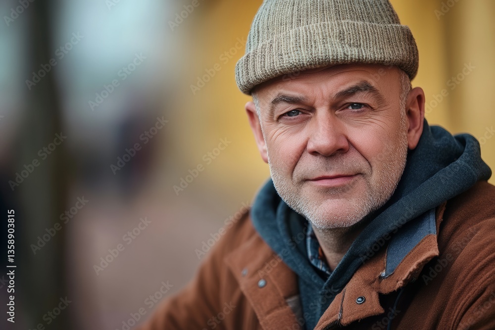 Fototapeta premium A man wearing a brown hat and a brown jacket is smiling. He is looking at the camera