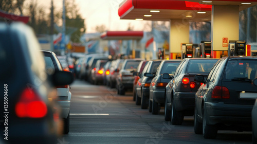 Cars are lined up at a gas station, with many drivers waiting to fuel up. The busy scene captures the urgency as evening approaches and light fades.