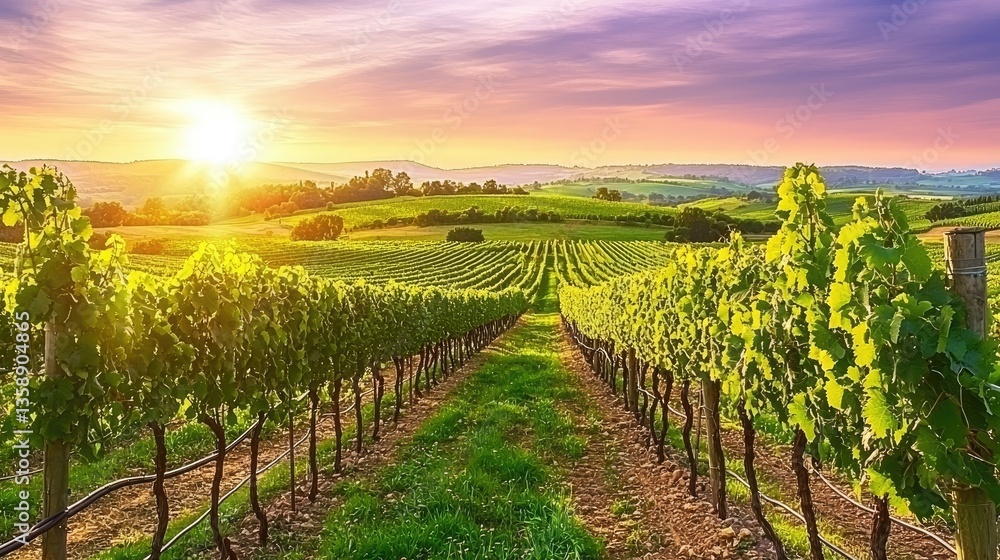 Fototapeta premium Vineyard sunset landscape. Rows of grapevines bathed in golden sunlight at sunset.