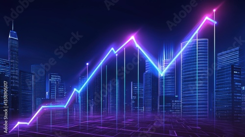 Technology-driven financial growth graph with neon blue and purple glowing lines, highlighting a thriving industry sector.