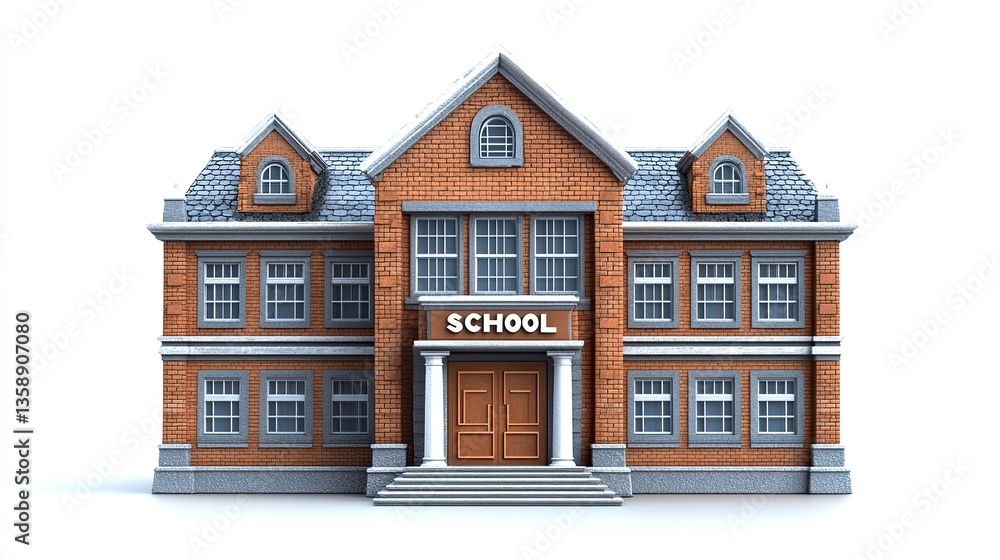 A traditional school building with a symmetrical design, double doors at the entrance, and