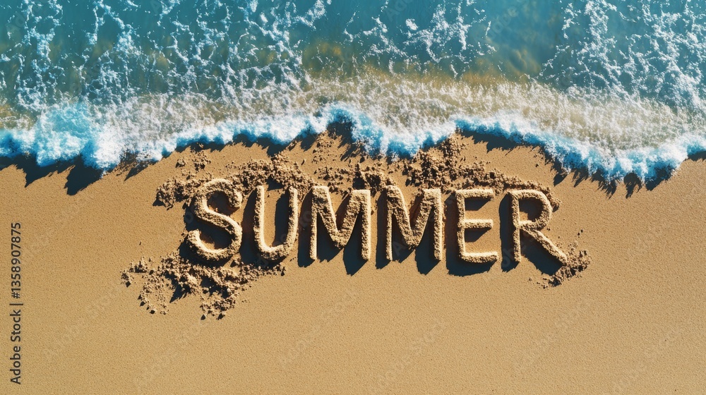 Fototapeta premium A serene and idyllic summer beach scene with elegant sand writing symbolizing relaxation and freedom