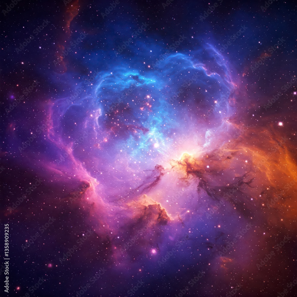 Fototapeta premium a vibrant, abstract nebula with a mix of colors in a dark space setting. At the center, there are bright blue and purple hues which then transition to warmer orange and red tones towards the outer edg