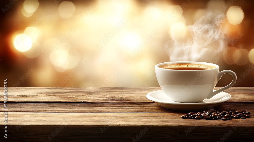 Steaming coffee cup on wooden table. Steaming coffee cup on wooden table.