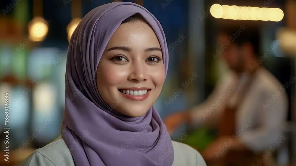 Young woman in hijab smiles in a bustling cafe, showcasing vibrant atmosphere and friendly ambiance while barista prepares drinks in the background Young woman in hijab smiles in a bustling cafe, showcasing vibrant atmosphere and friendly ambiance while barista prepares drinks in the background
