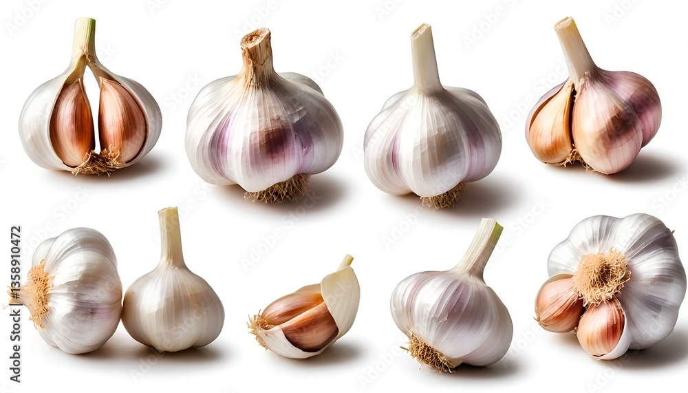 Multiple Views of Fresh Garlic Bulbs and Cloves Isolated on White Multiple Views of Fresh Garlic Bulbs and Cloves Isolated on White
