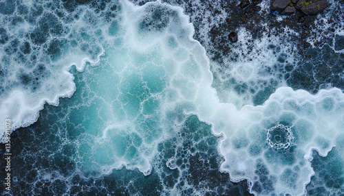 Ocean waves crashing against rocks in turquoise blue  