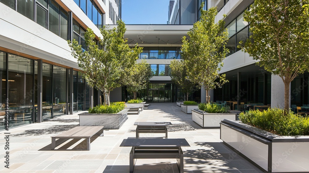 A vibrant school campus with a large, clean courtyard featuring outdoor seating and shaded areas, framed by a contemporary building with floor-to-ceiling windows and modern architectural elements