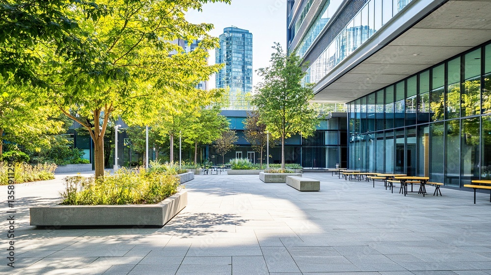 A vibrant school campus with a large, clean courtyard featuring outdoor seating and shaded areas, framed by a contemporary building with floor-to-ceiling windows and modern architectural elements.