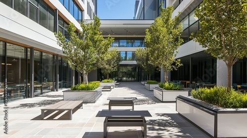 Obraz na płótnie A vibrant school campus with a large, clean courtyard featuring outdoor seating and shaded areas, framed by a contemporary building with floor-to-ceiling windows and modern architectural elements w salonie