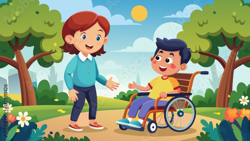 Happy child with disability communicating with special needs educator outdoors - cerebral palsy concept