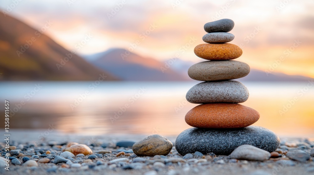 A beautifully balanced stack of stones set against a tranquil water scene at dawn, capturing the peaceful serenity and delicate artistry of nature’s formations. A beautifully balanced stack of stones set against a tranquil water scene at dawn, capturing the peaceful serenity and delicate artistry of nature’s formations.