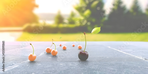 Wallpaper Mural A whimsical scene featuring cherries, with a dark cherry leading a trail of lighter ones against a sunlit green backdrop. Torontodigital.ca