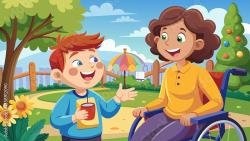 Happy child with disability communicating with special needs educator outdoors - cerebral palsy concept