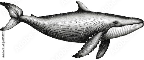 Humpback Whale Engraving, Monochrome Marine Mammal Illustration