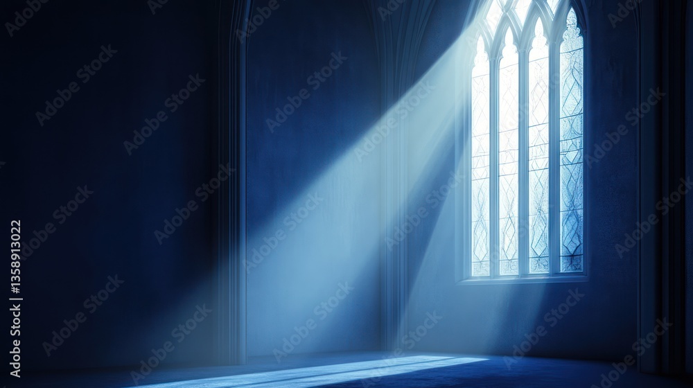 Obraz premium Gothic church interior, light rays through stained glass window