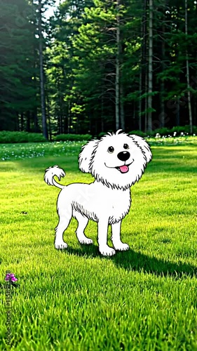 Vertical video. Funny dog ​​in sketch style against the background of a natural forest