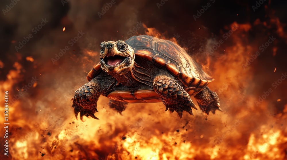 A striking image of a joyful turtle leaping through flames, representing excitement and exhilaration in an extraordinary dreamlike setting featuring fire and smoke. A striking image of a joyful turtle leaping through flames, representing excitement and exhilaration in an extraordinary dreamlike setting featuring fire and smoke.