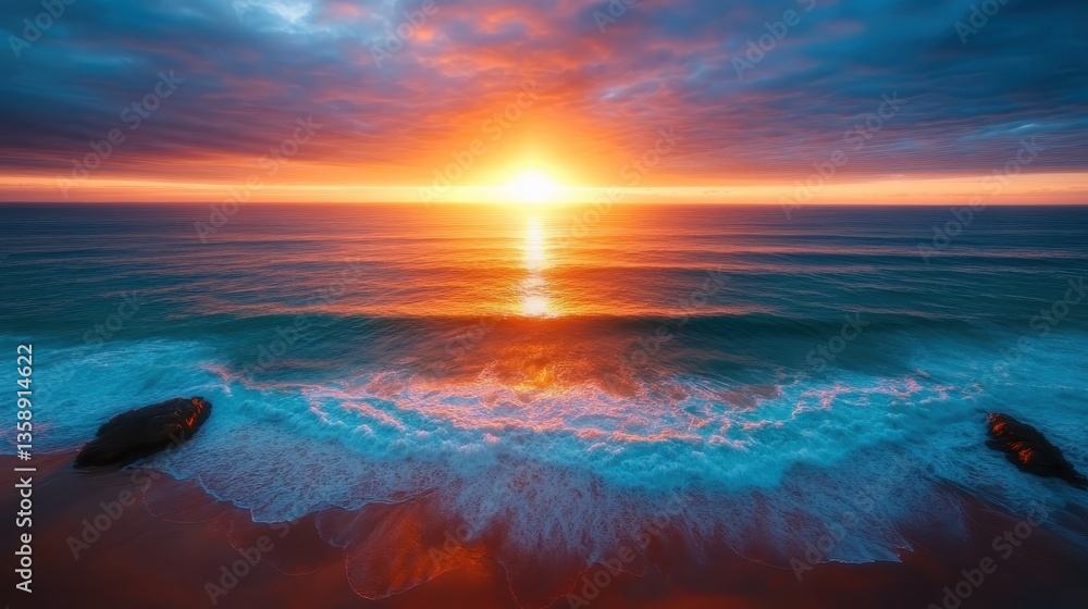 A breathtaking sunset display over the calm ocean waves, with vibrant colors reflecting off the water, creating a serene and peaceful atmosphere at the shoreline. A breathtaking sunset display over the calm ocean waves, with vibrant colors reflecting off the water, creating a serene and peaceful atmosphere at the shoreline.