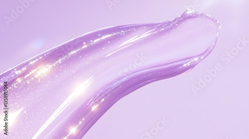 Pearlescent lip gloss swatch, soft lilac, dreamy glow, subtle light reflections, smooth texture, smear, lip balm, cosmetic product, isolated, light purple background, beauty, luxury makeup, banner.