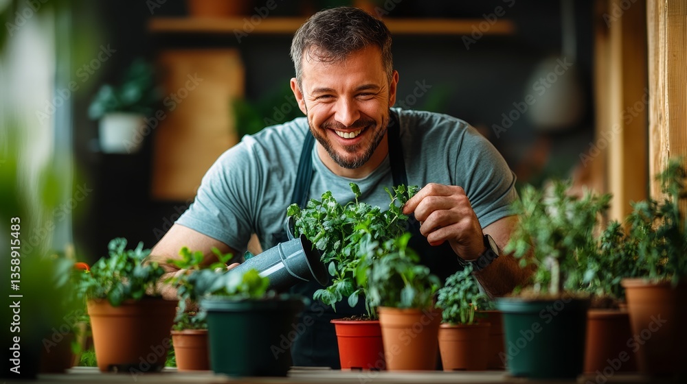 A man is smiling while watering plants. The plants are in various sizes and are placed in different pots A man is smiling while watering plants. The plants are in various sizes and are placed in different pots