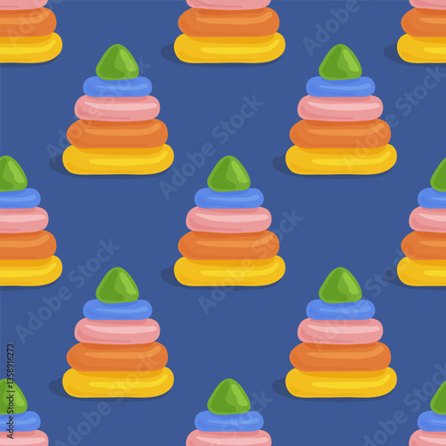 Cute seamless pattern with colored children's toys, pyramids. Vector illustration